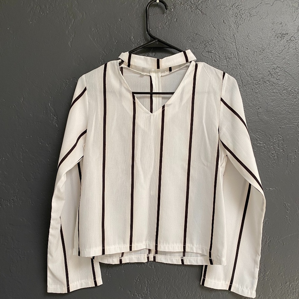 Zara Striped V-Neck Choker Collared Top